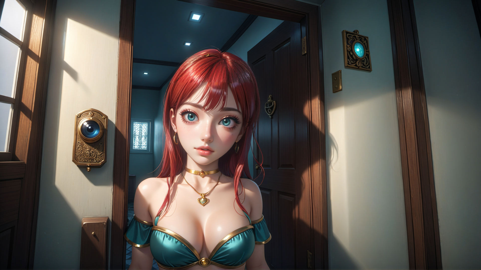 AI generated wallpaper featuring woman, doorway, furniture