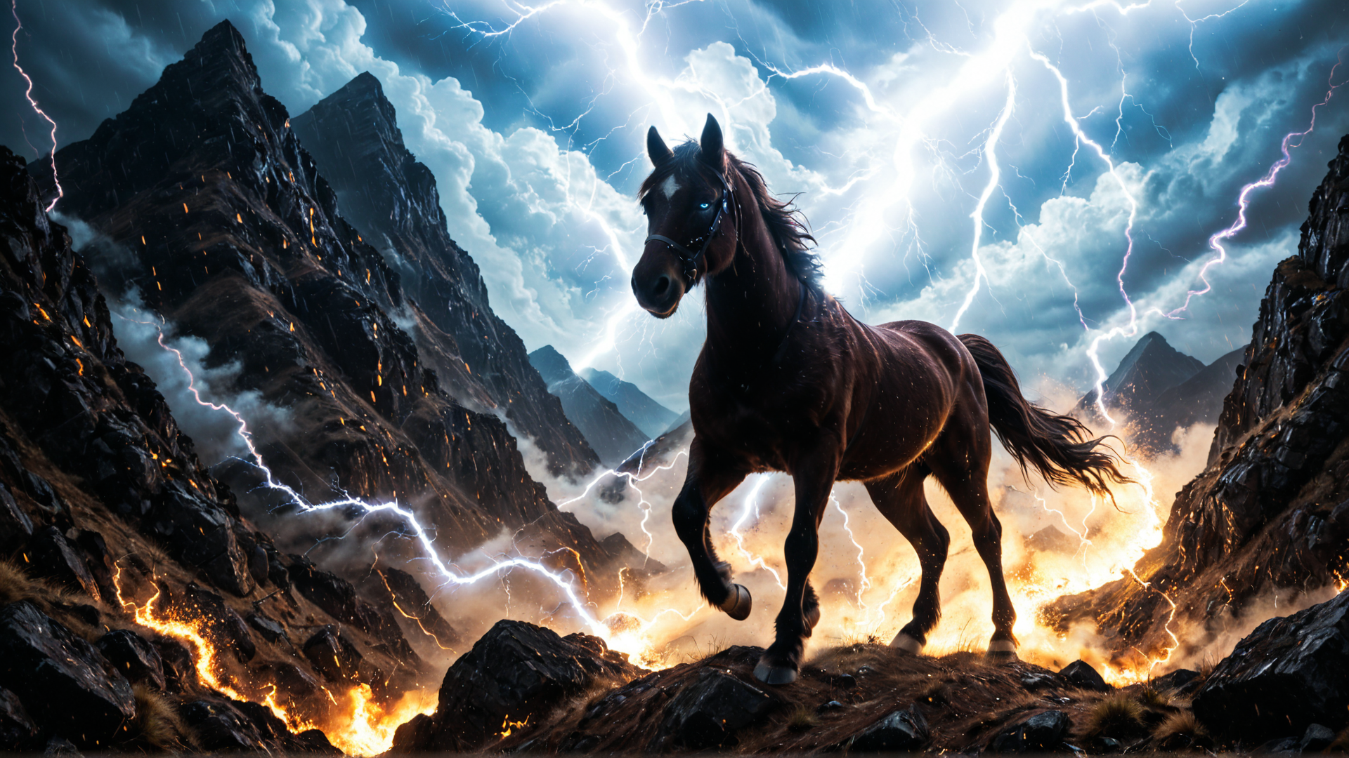 AI generated wallpaper featuring horse, mountains, lightning