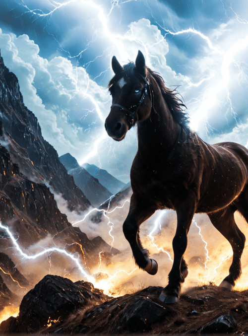 horse, mountains, lightning