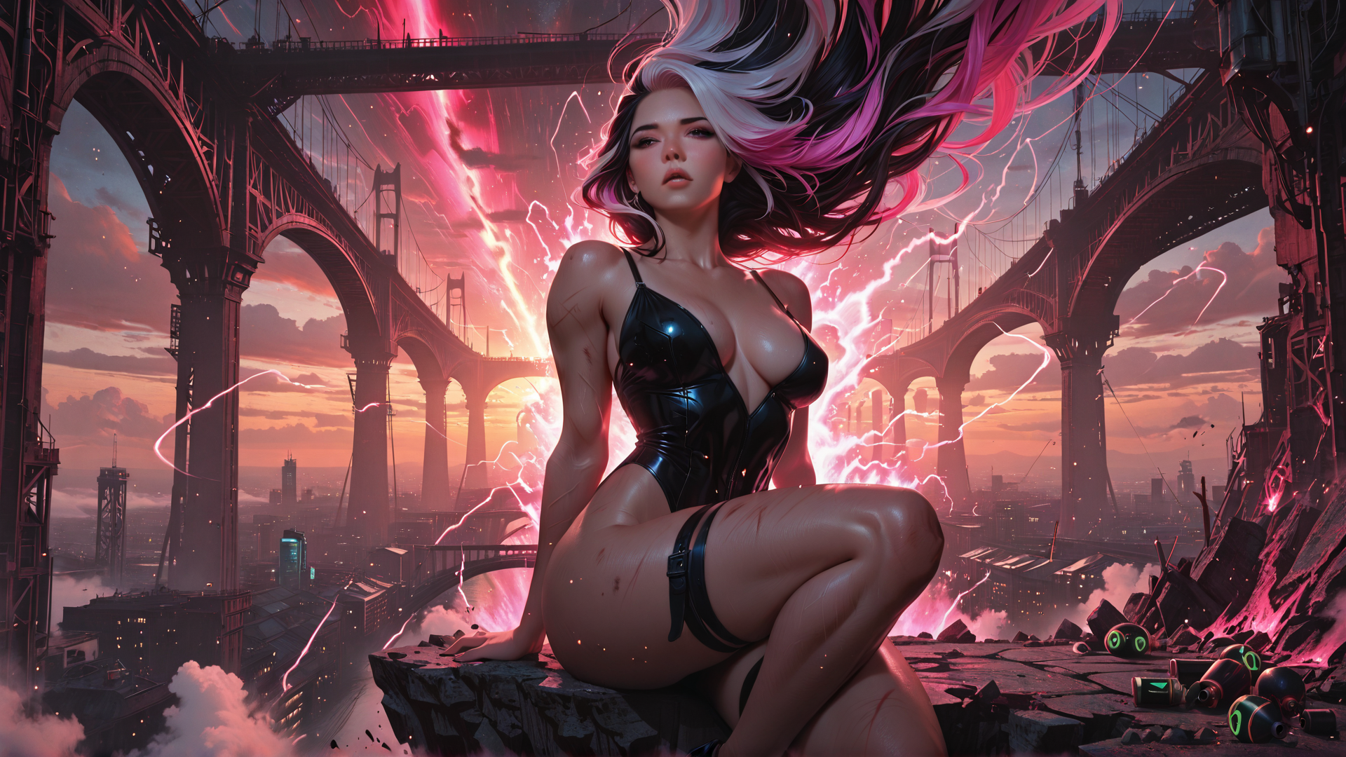 AI generated wallpaper featuring woman, bridges, cityscape, neon, vaporwave, cyberpunk