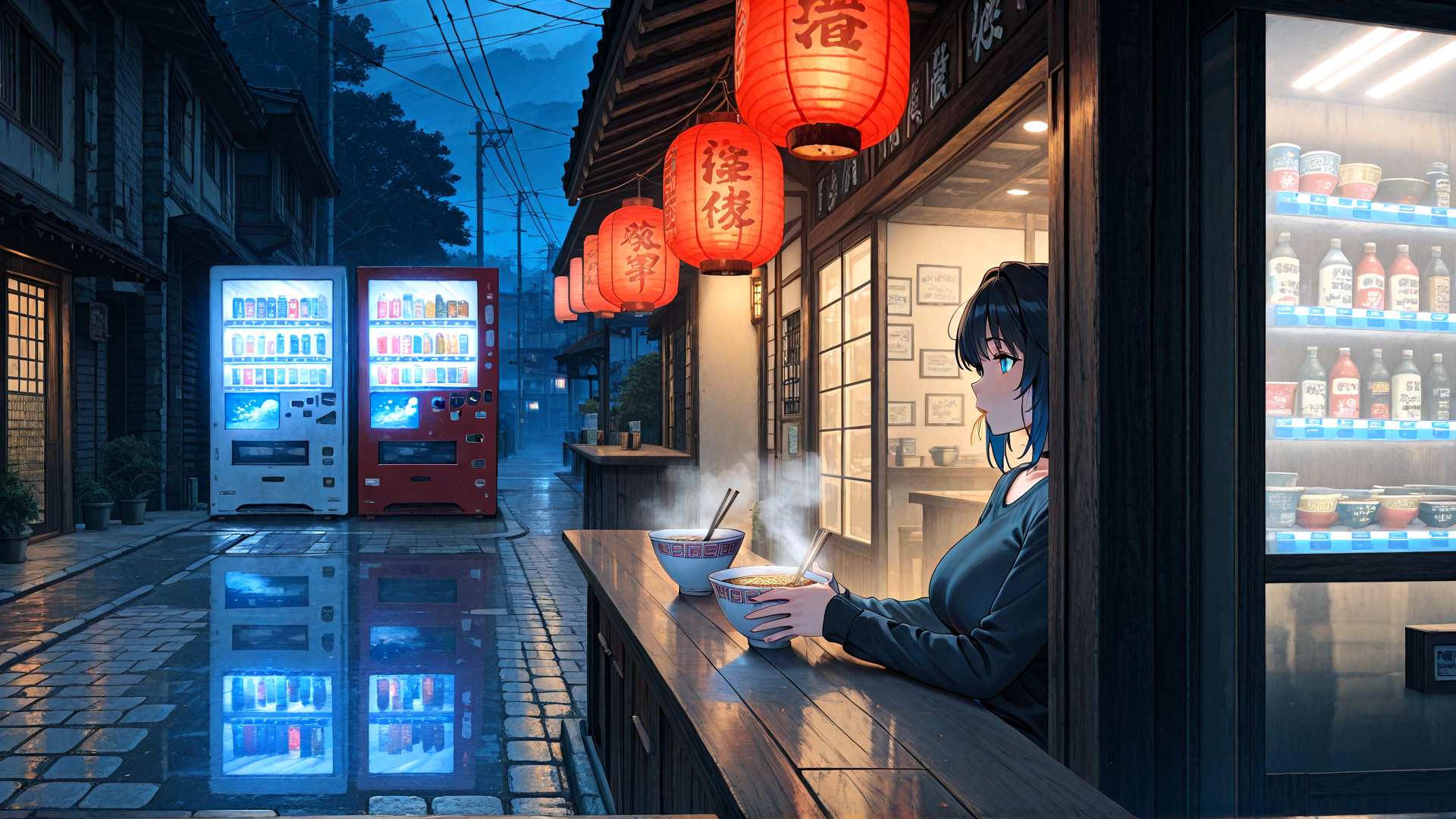AI generated wallpaper featuring girl, ramen, lantern, street, vending machine, shop, bowl, noodles, chopsticks, bottle
