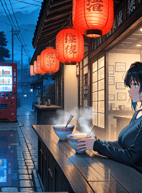 girl, ramen, lantern, street, vending machine, shop, bowl, noodles, chopsticks, bottle