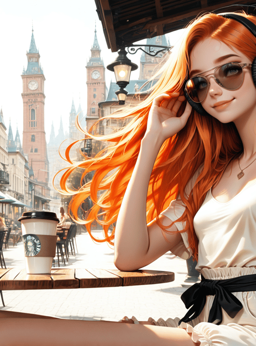 woman, cafe, coffee, clock tower, street, headphones, sunglasses, building, table, cup