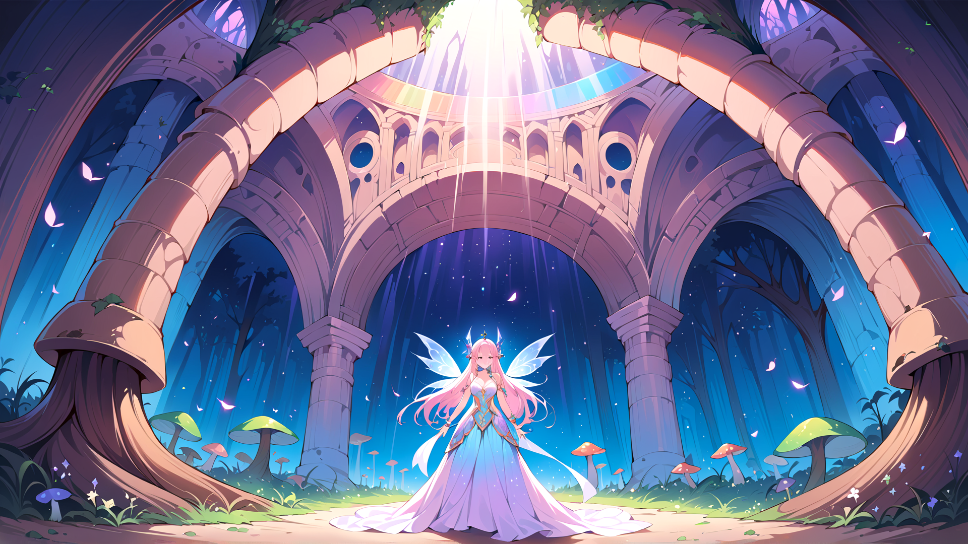 AI generated wallpaper featuring fairy, ancient ruin, mushrooms, giant tree roots, flying butterflies