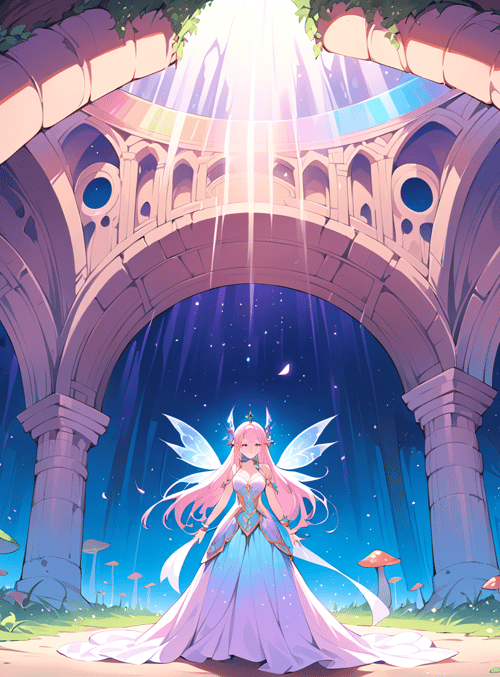 fairy, ancient ruin, mushrooms, giant tree roots, flying butterflies