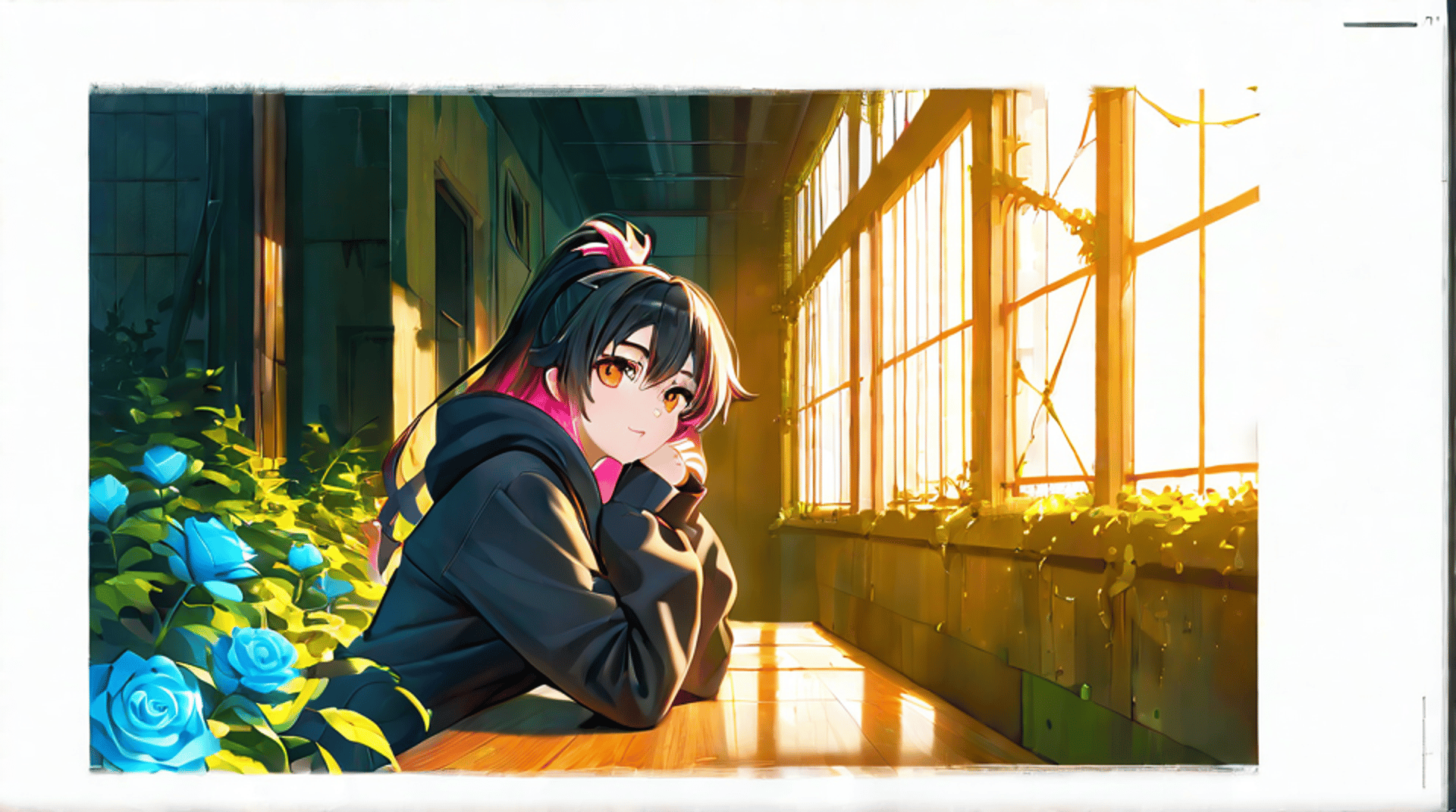 AI generated wallpaper featuring girl, roses, window