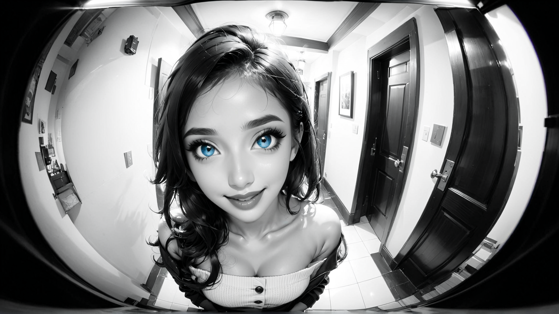 AI generated wallpaper featuring woman, door, hallway, mirror