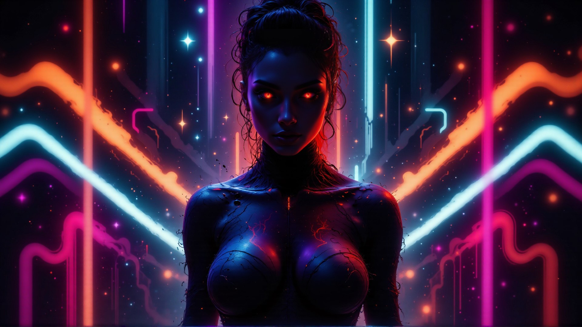 AI generated wallpaper featuring woman, neon, cyber