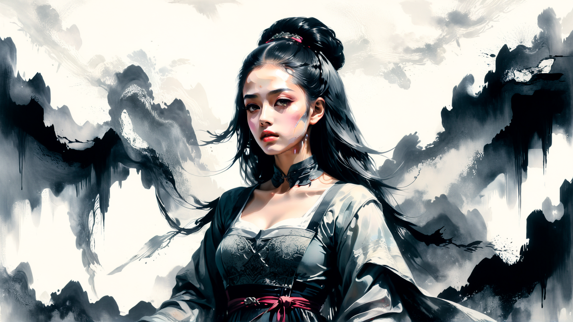 AI generated wallpaper featuring woman, goddess, ninja, soul, ancient, mystic, dragon, spirit, warrior, heaven
