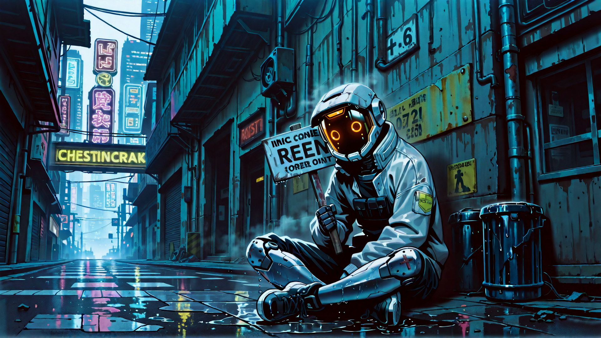 AI generated wallpaper featuring robot, sign, alley, cityscape, neon