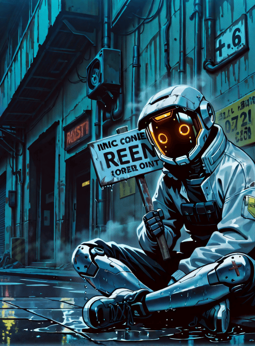 robot, sign, alley, cityscape, neon