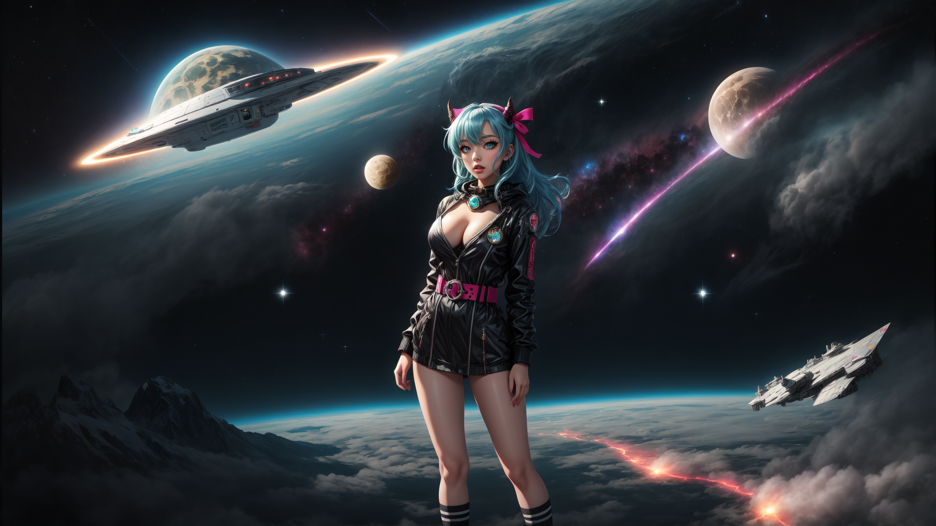 AI generated wallpaper featuring character, spaceship, planet, moon, galaxy, star, mountain