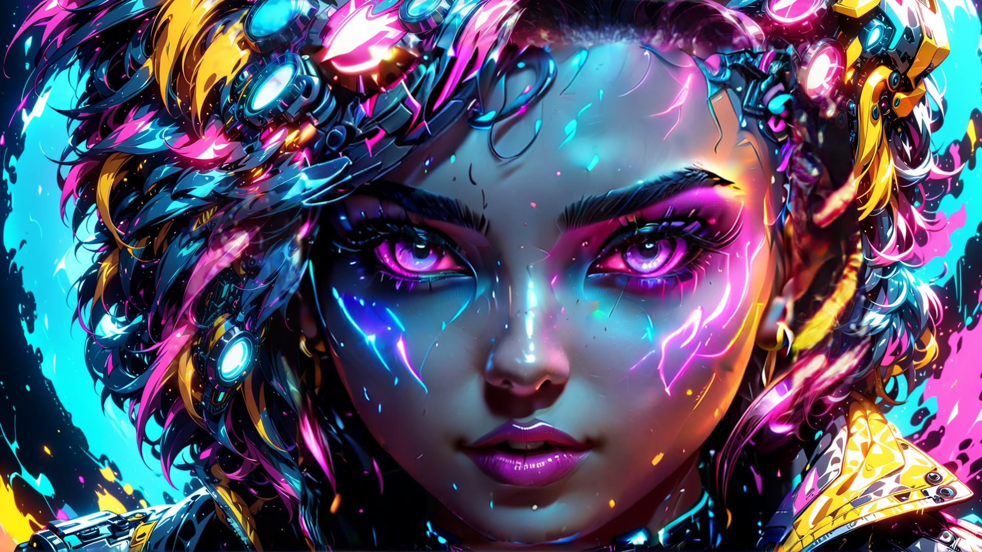 AI generated wallpaper featuring cyborg, neon, futurism