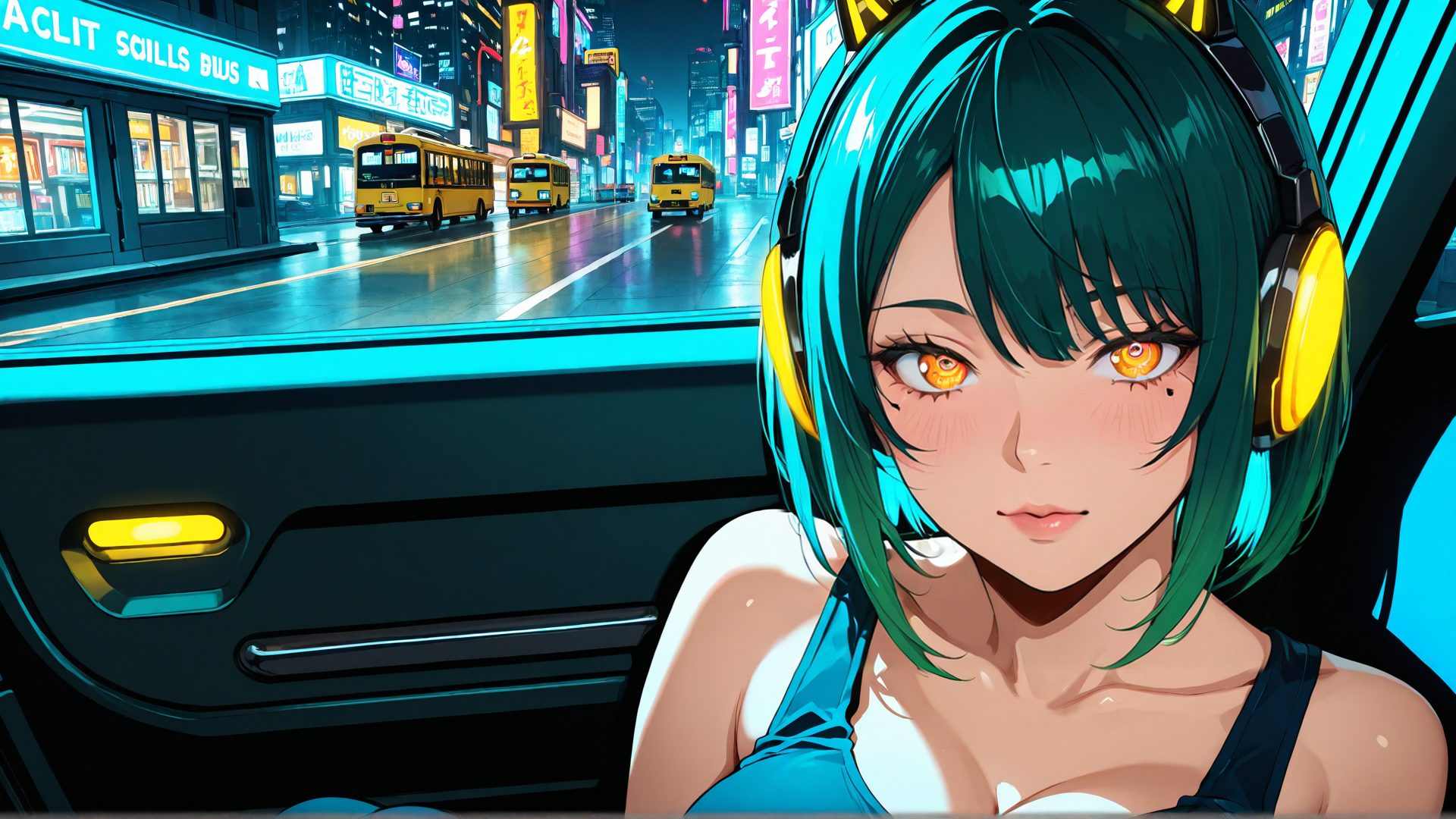 AI generated wallpaper featuring anime girl, cityscape, bus, headphones, street