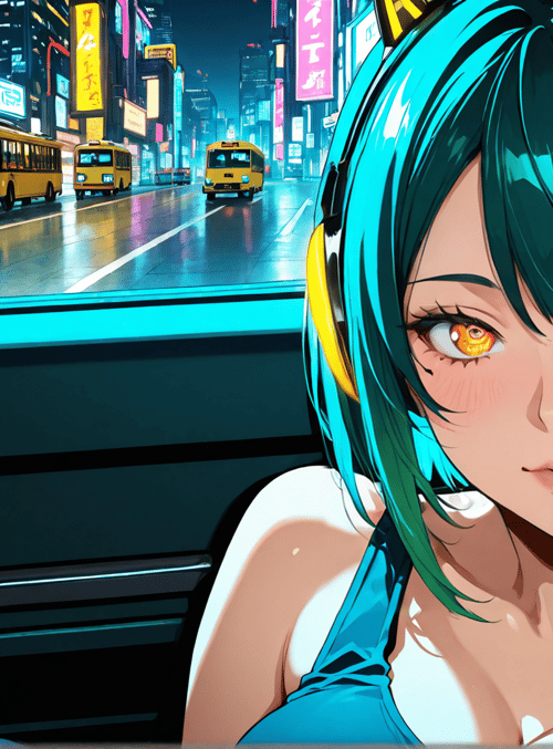 anime girl, cityscape, bus, headphones, street