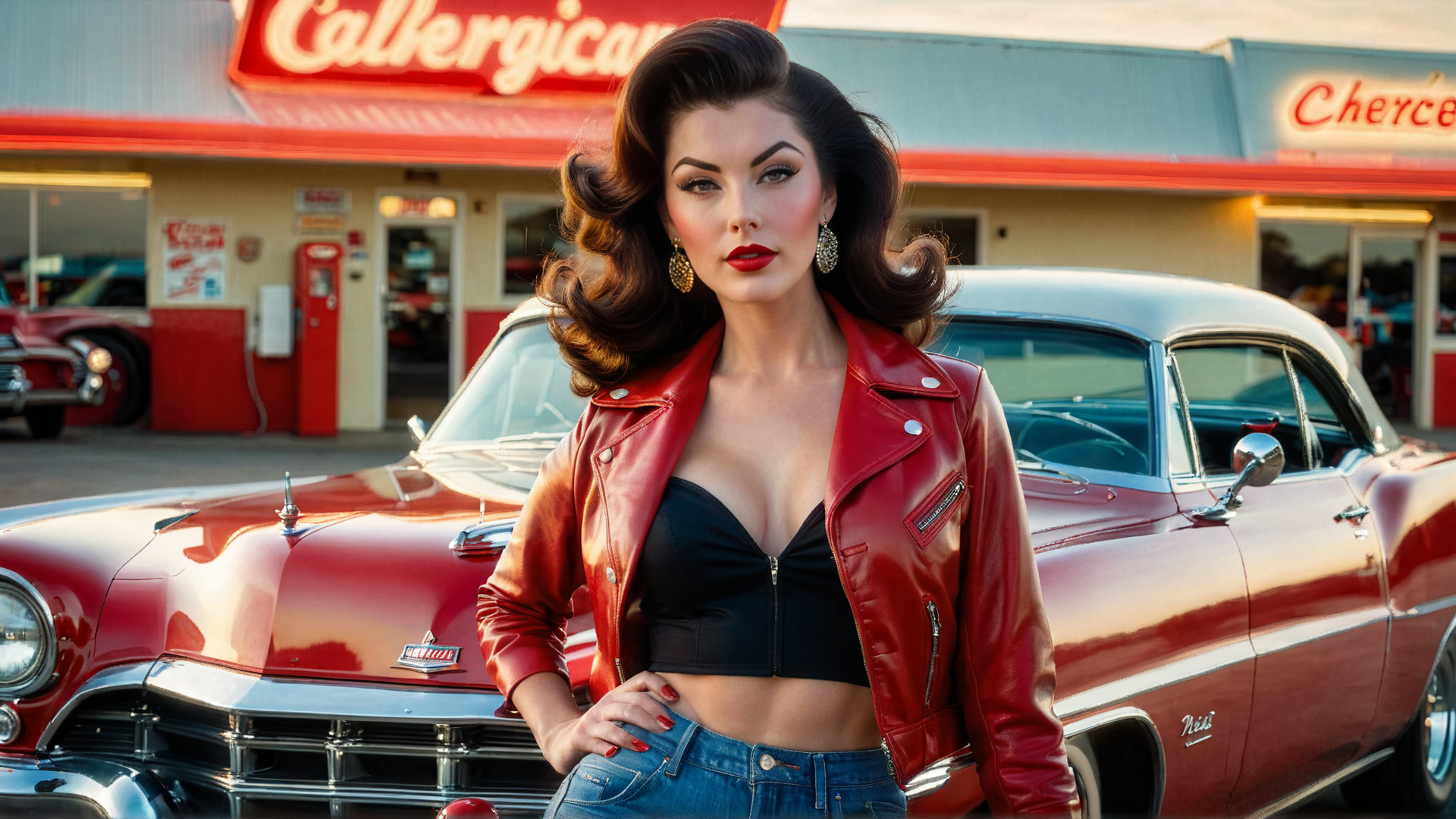 AI generated wallpaper featuring woman, car, vintage