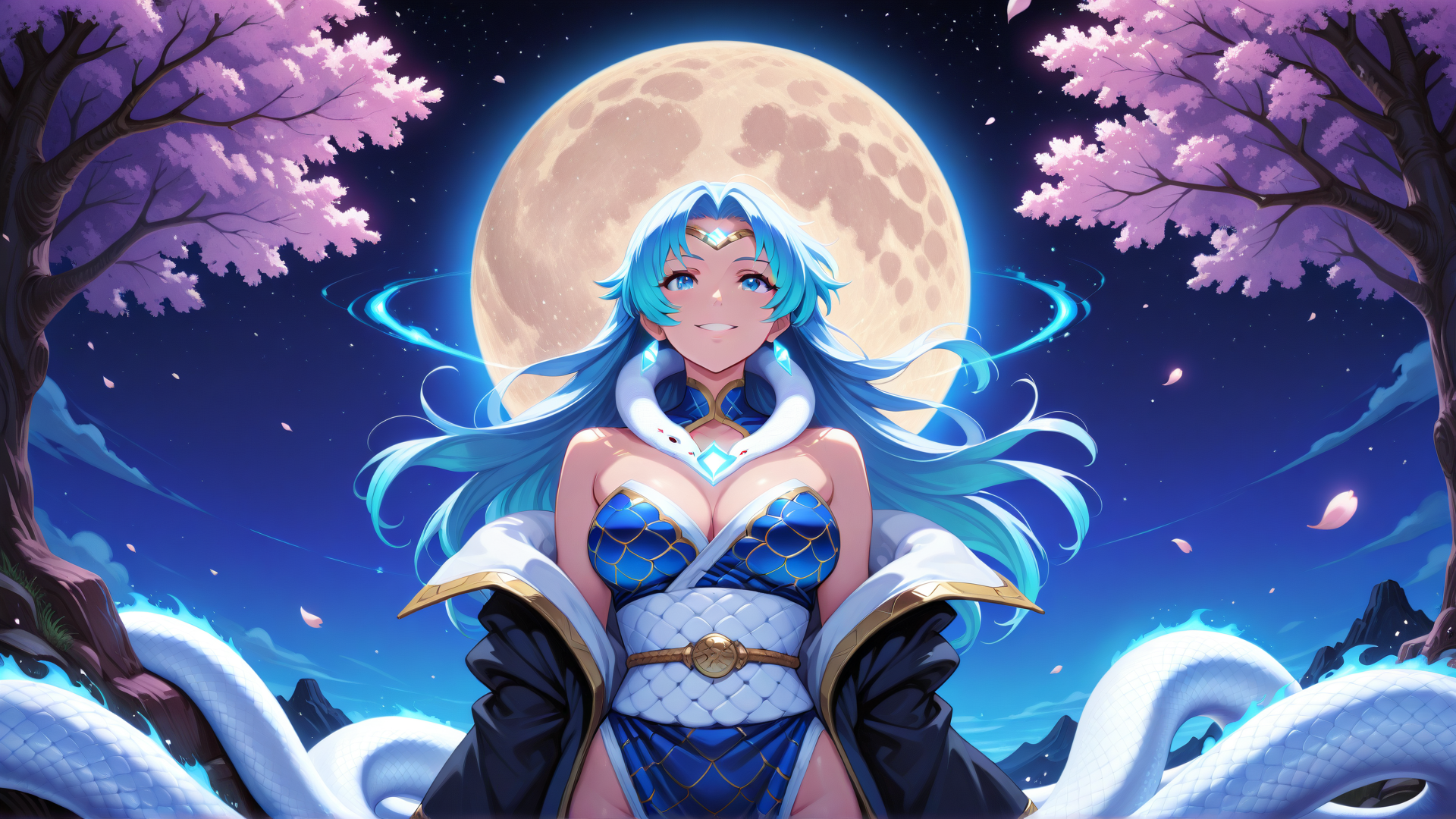 AI generated wallpaper featuring anime girl, cherry blossom trees, full moon, serpent, sakura petals