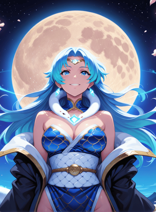 anime girl, cherry blossom trees, full moon, serpent, sakura petals