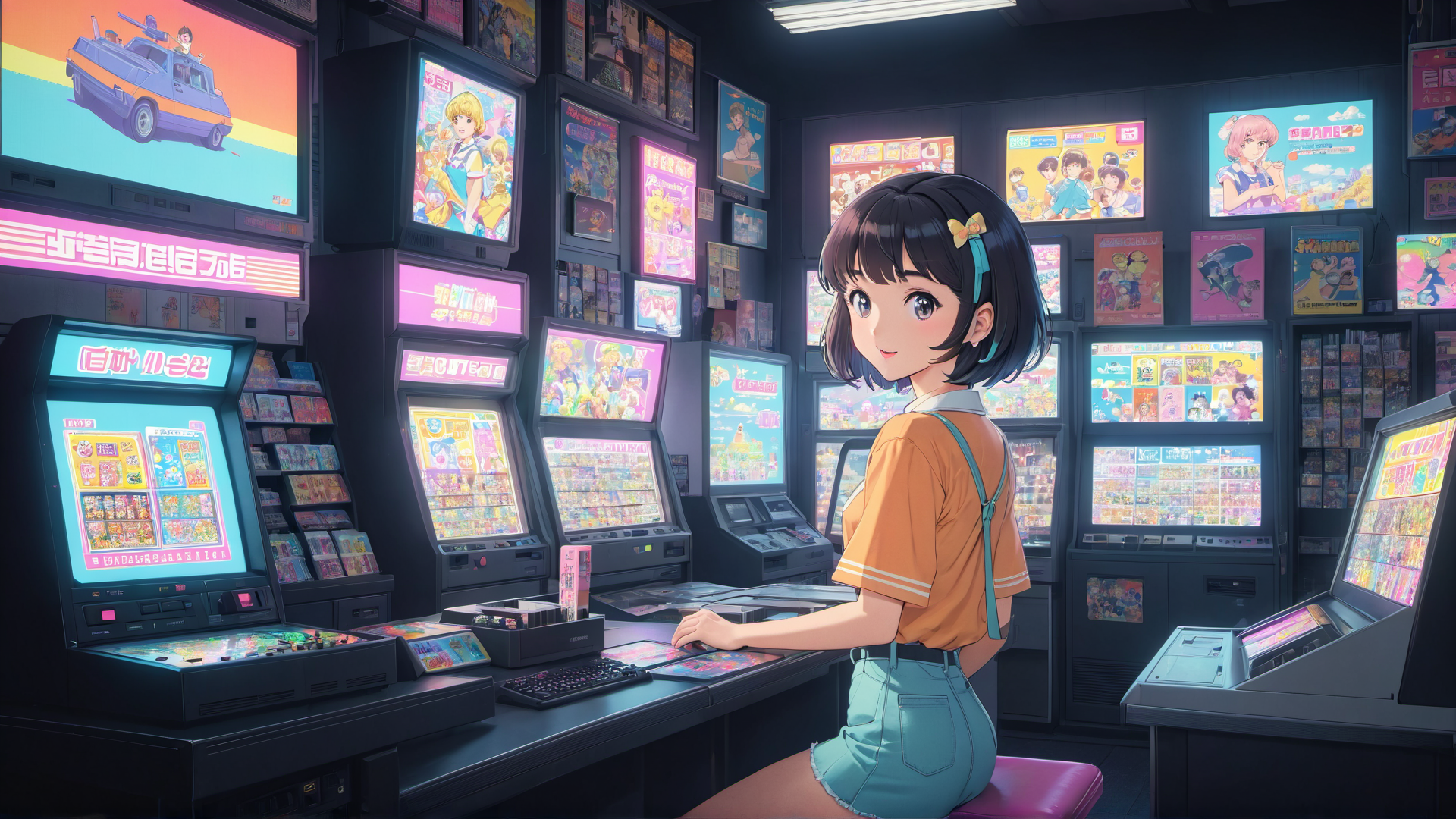 AI generated wallpaper featuring girl, arcade, game machine