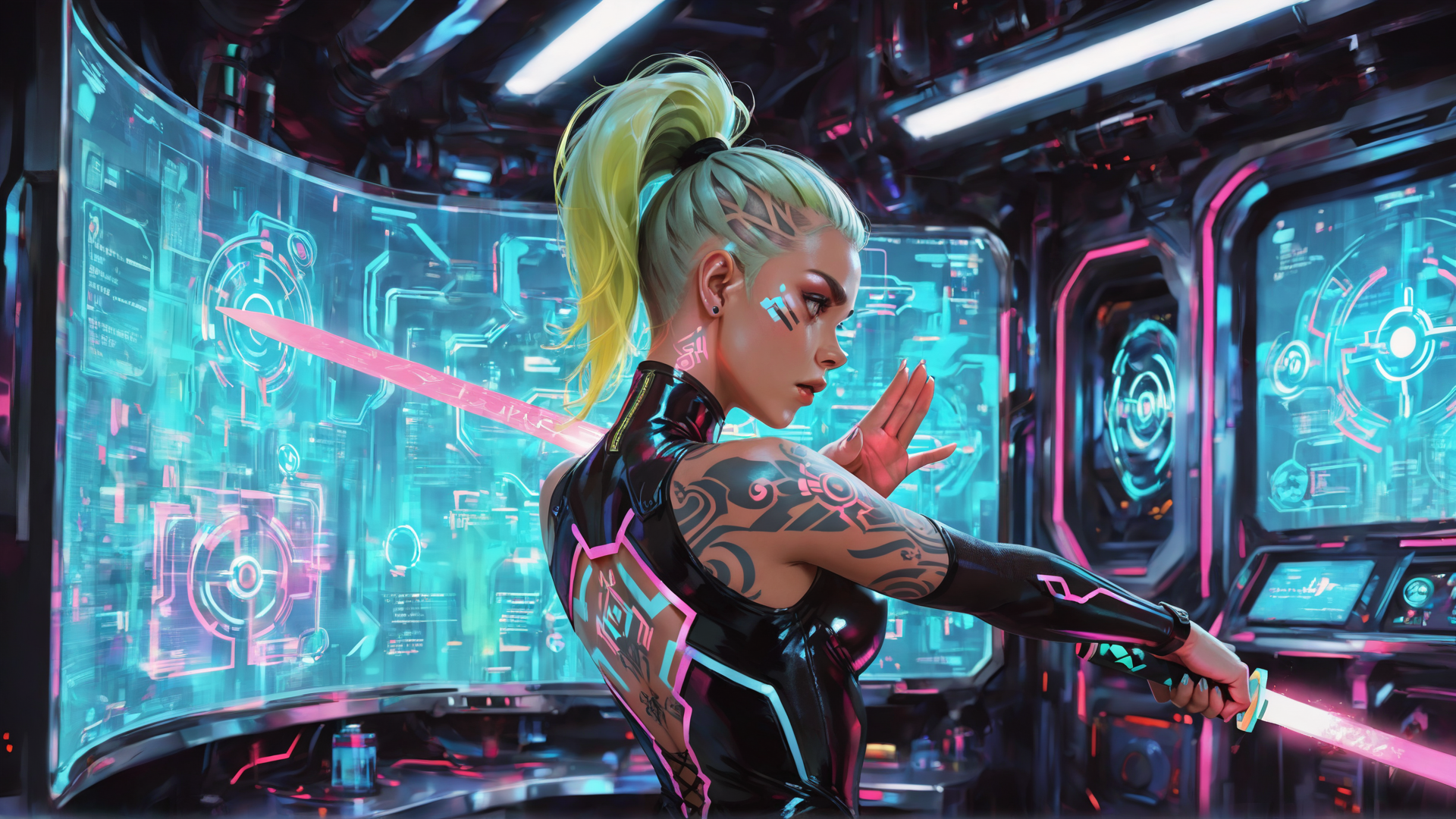 AI generated wallpaper featuring woman, cyberpunk, tattoo, sword, hologram
