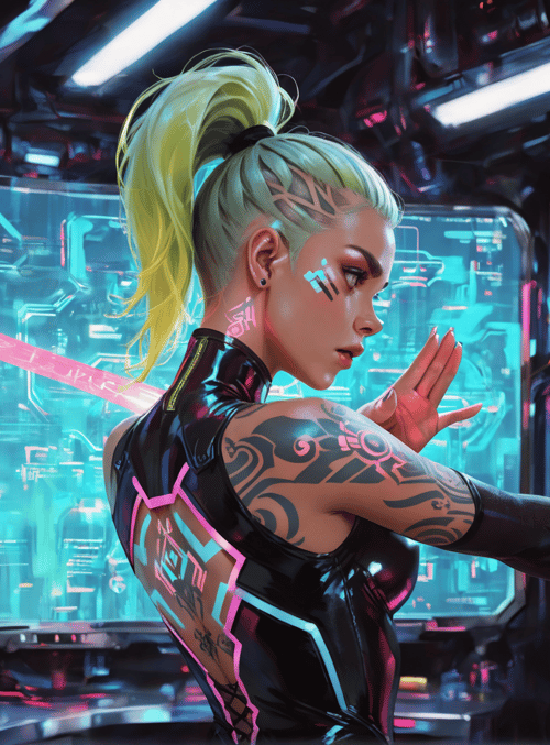 woman, cyberpunk, tattoo, sword, hologram
