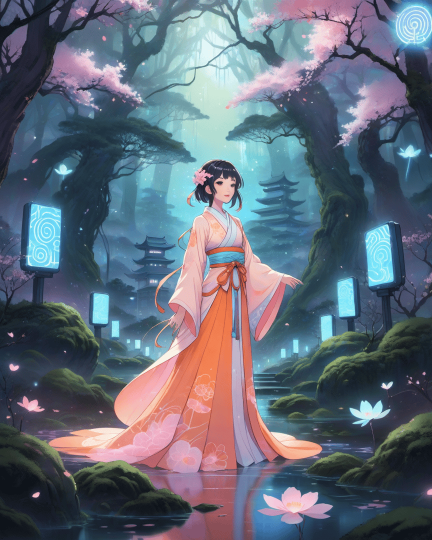 AI generated wallpaper featuring woman, cherry blossoms, lotus