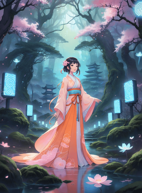 woman, cherry blossoms, lotus