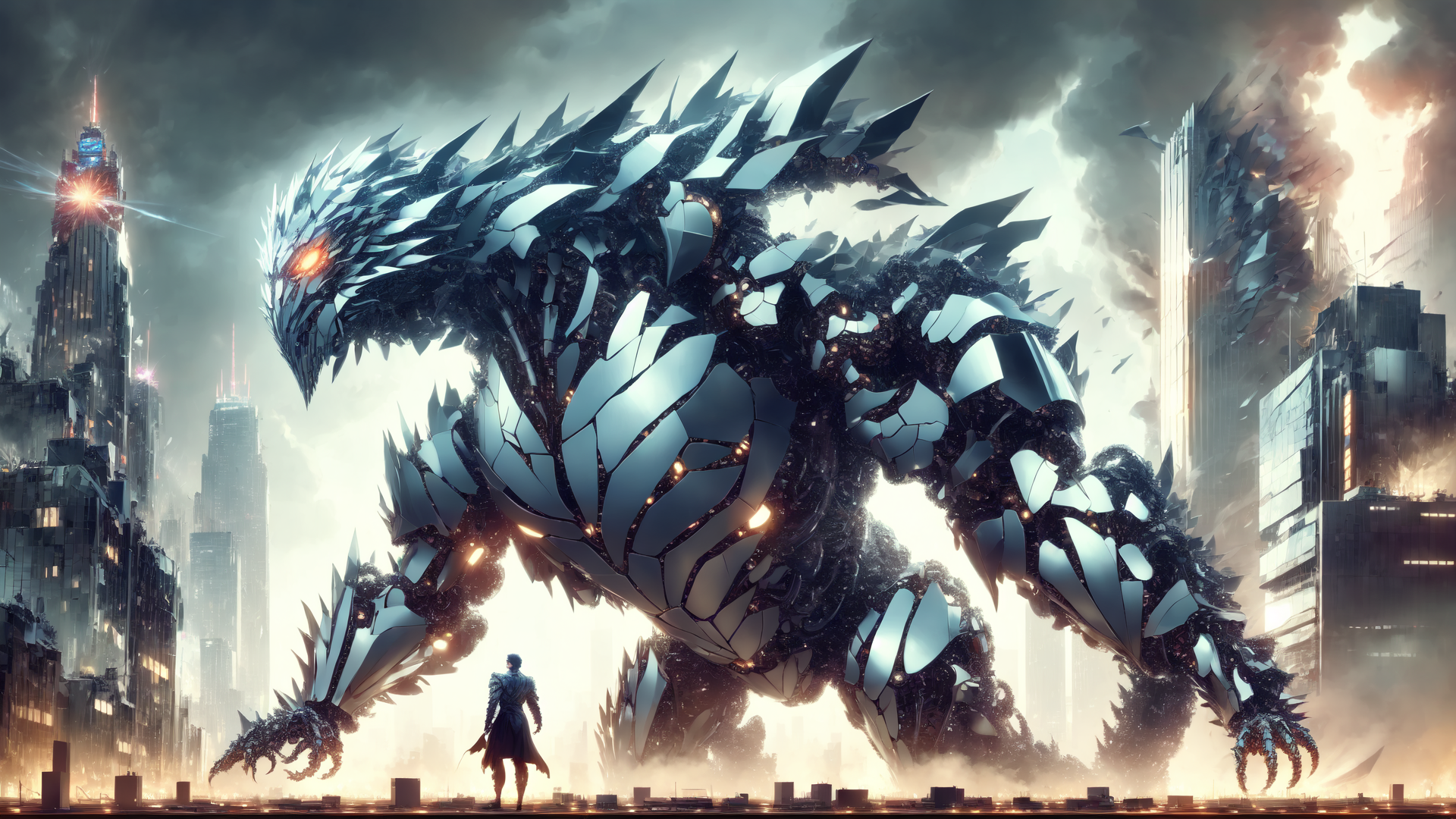 AI generated wallpaper featuring mechanical dragon, city, human, skyscraper, smoke
