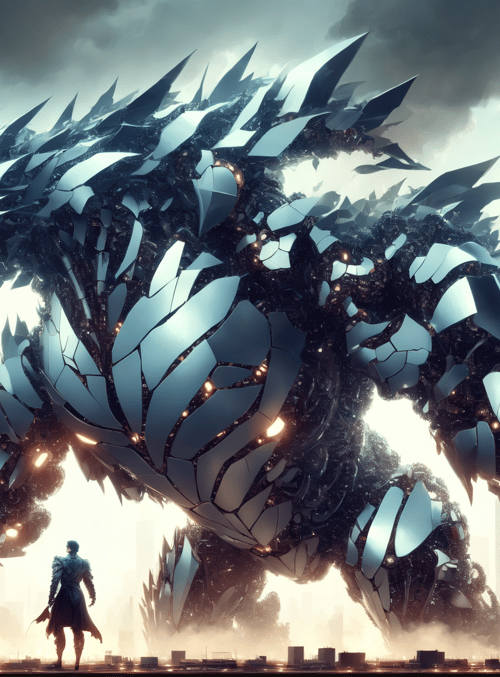 mechanical dragon, city, human, skyscraper, smoke