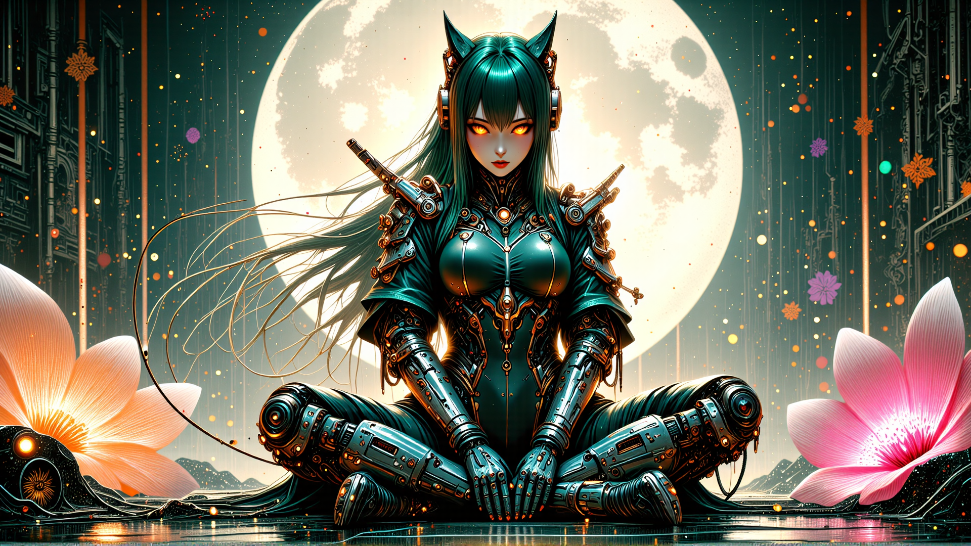 AI generated wallpaper featuring cyborg, cat ears, sitting, sword, flower, giant moon, mechanical, gloved hands, long hair, futuristic armor