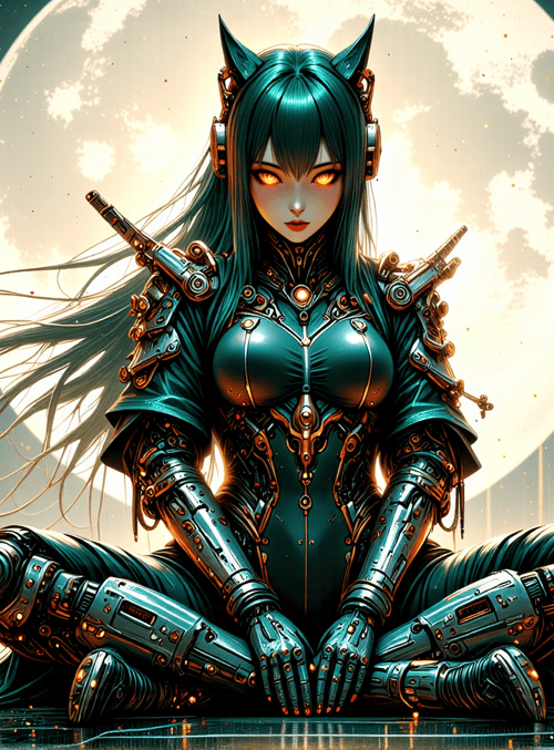 cyborg, cat ears, sitting, sword, flower, giant moon, mechanical, gloved hands, long hair, futuristic armor