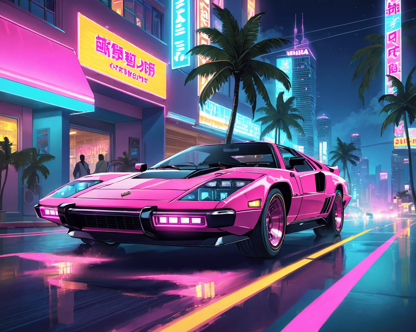 AI generated wallpaper featuring sports car, city street, neon signs