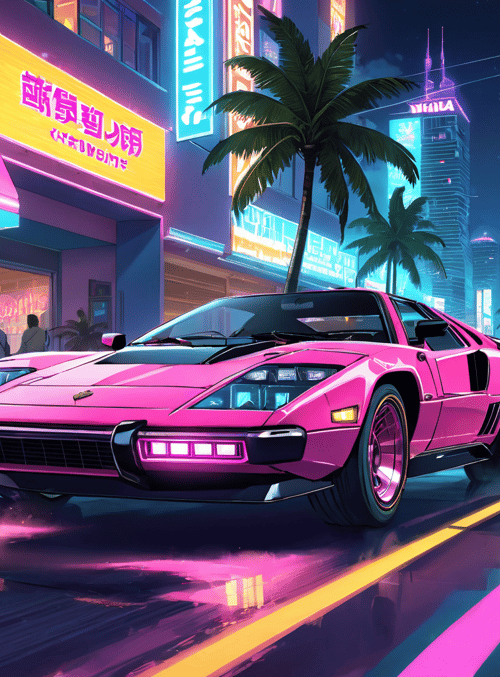sports car, city street, neon signs