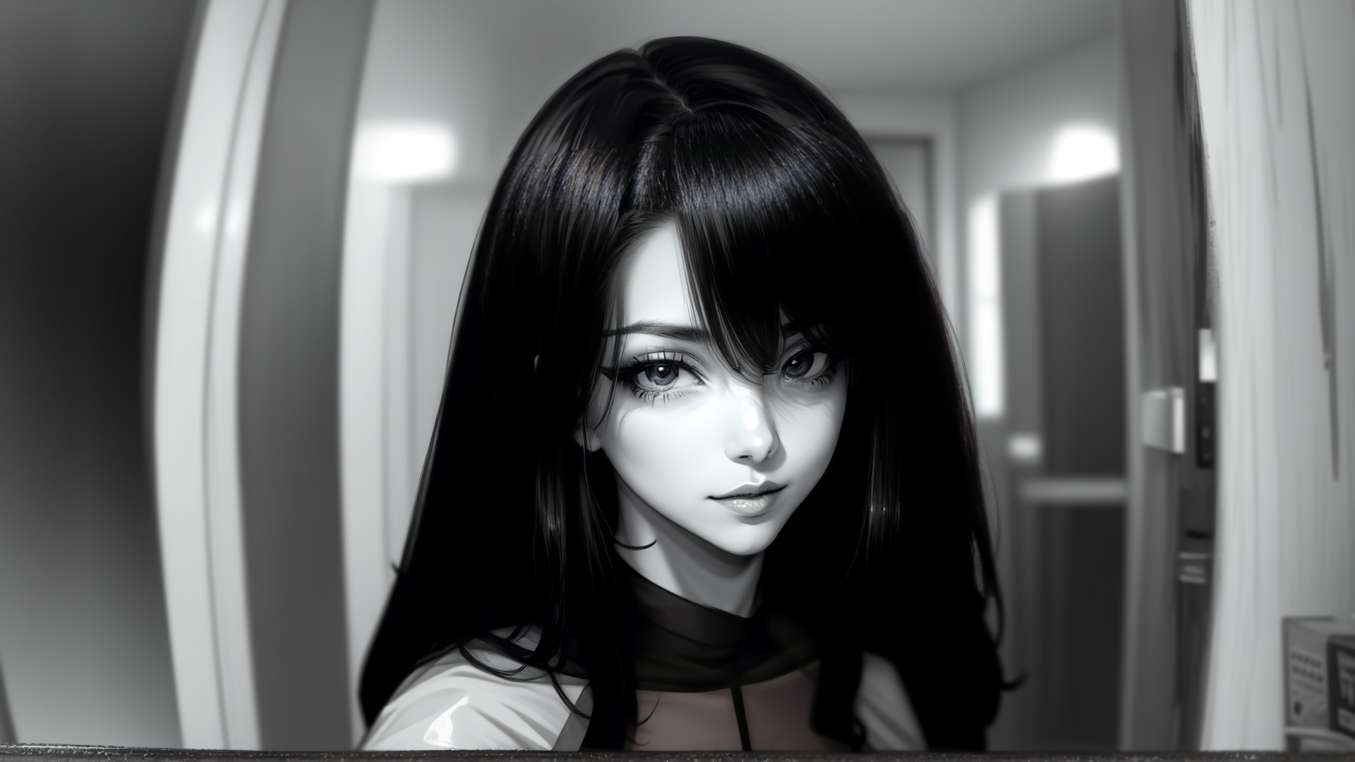 AI generated wallpaper featuring woman, mirror, corridor