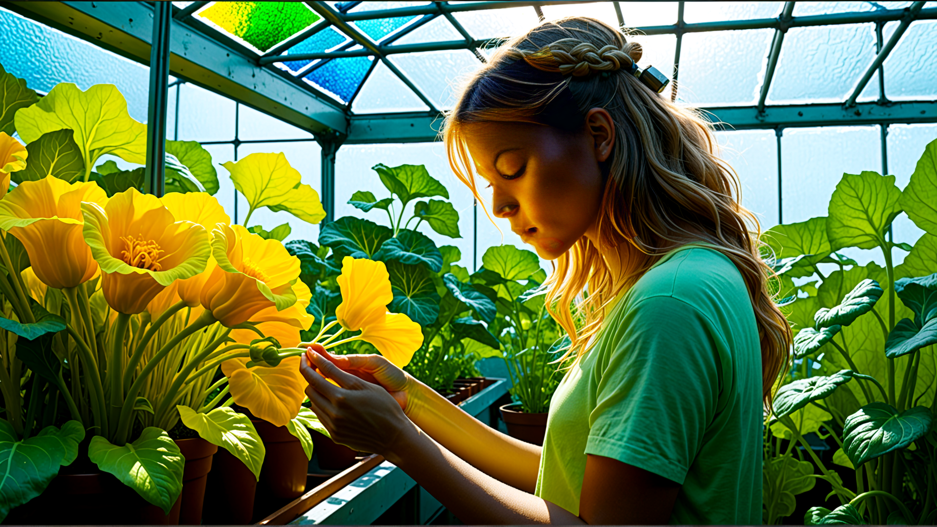 AI generated wallpaper featuring woman, plants, flowers, greenhouse, leaves, potted plants
