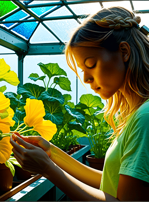 woman, plants, flowers, greenhouse, leaves, potted plants