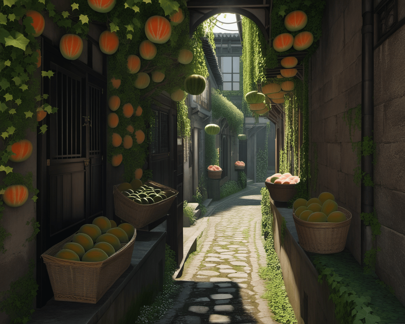 AI generated wallpaper featuring alley, fruit, vine