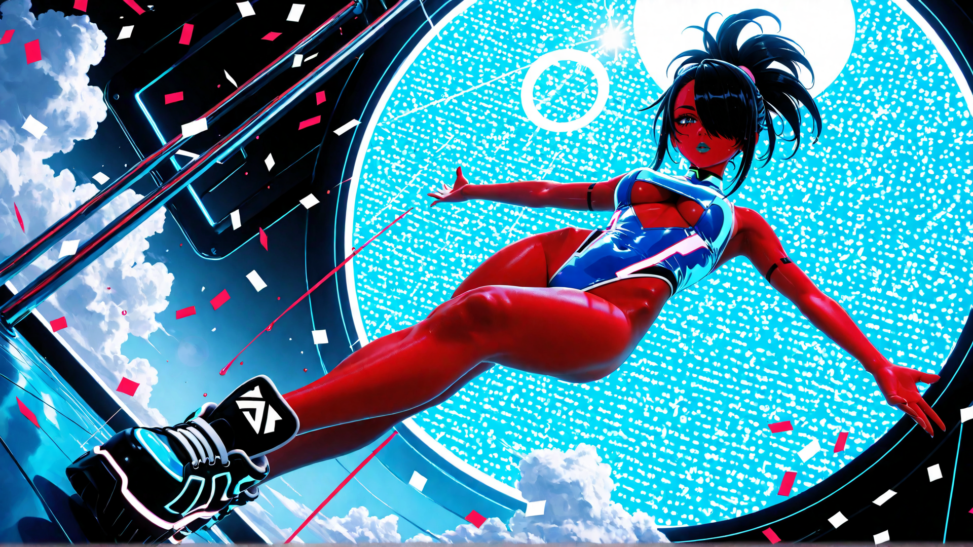 AI generated wallpaper featuring woman, character, figure, cyborg, anime, sailor, goggles, boots, hair, confetti