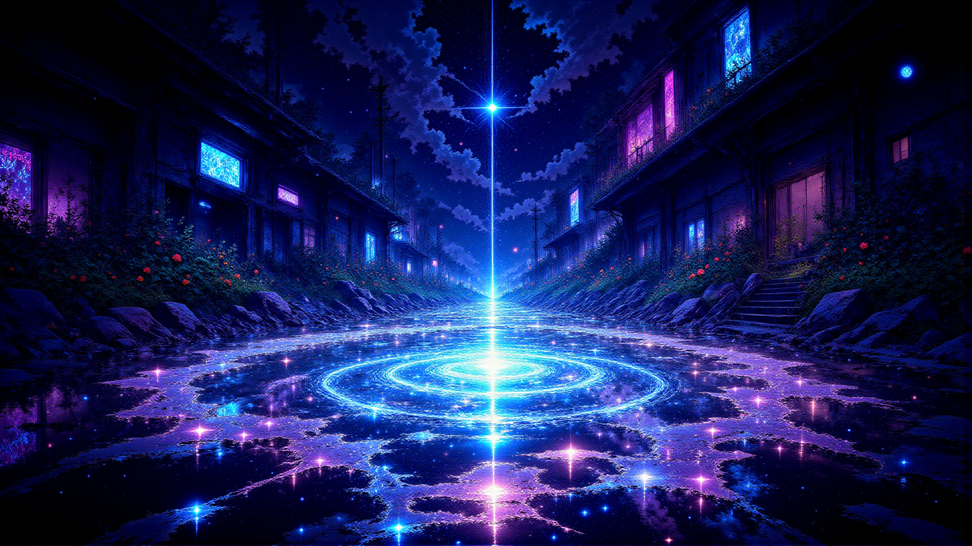 AI generated wallpaper featuring street, water, buildings, flowers, neon, stars, moon, trees, light, circles