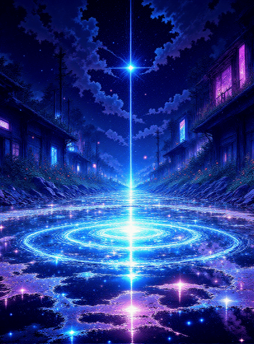 street, water, buildings, flowers, neon, stars, moon, trees, light, circles