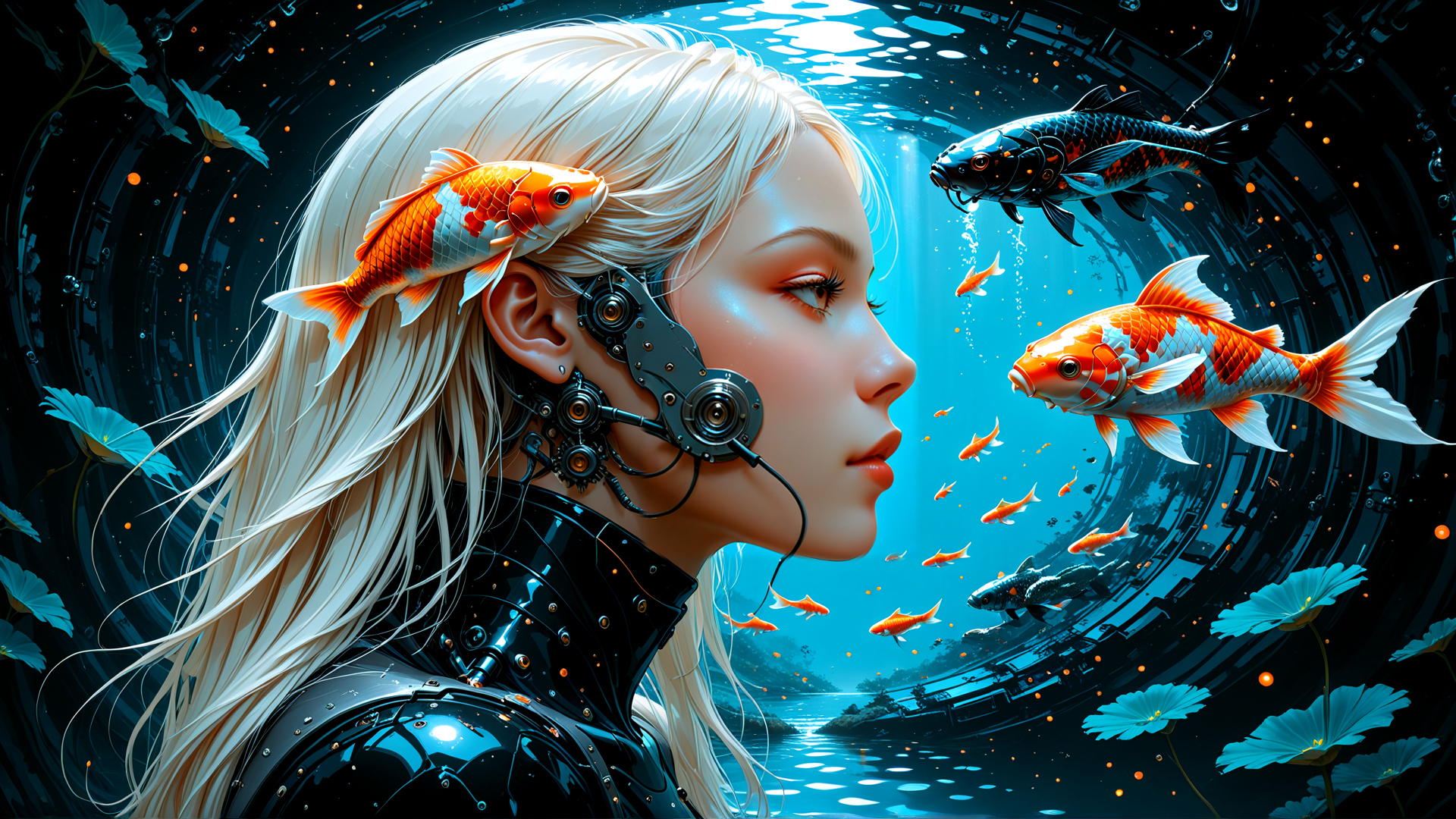 AI generated wallpaper featuring woman, koi fish, mechanical ear, lotus, underwater, cyberpunk