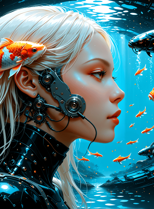 woman, koi fish, mechanical ear, lotus, underwater, cyberpunk