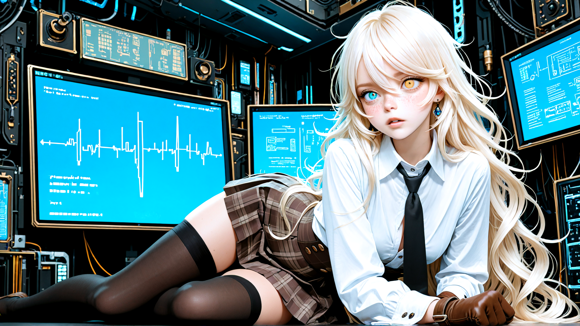 AI generated wallpaper featuring girl, blonde, schoolgirl, computer, monitor, gloves, skirt, tie, socks, hose