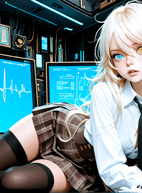 girl, blonde, schoolgirl, computer, monitor, gloves, skirt, tie, socks, hose