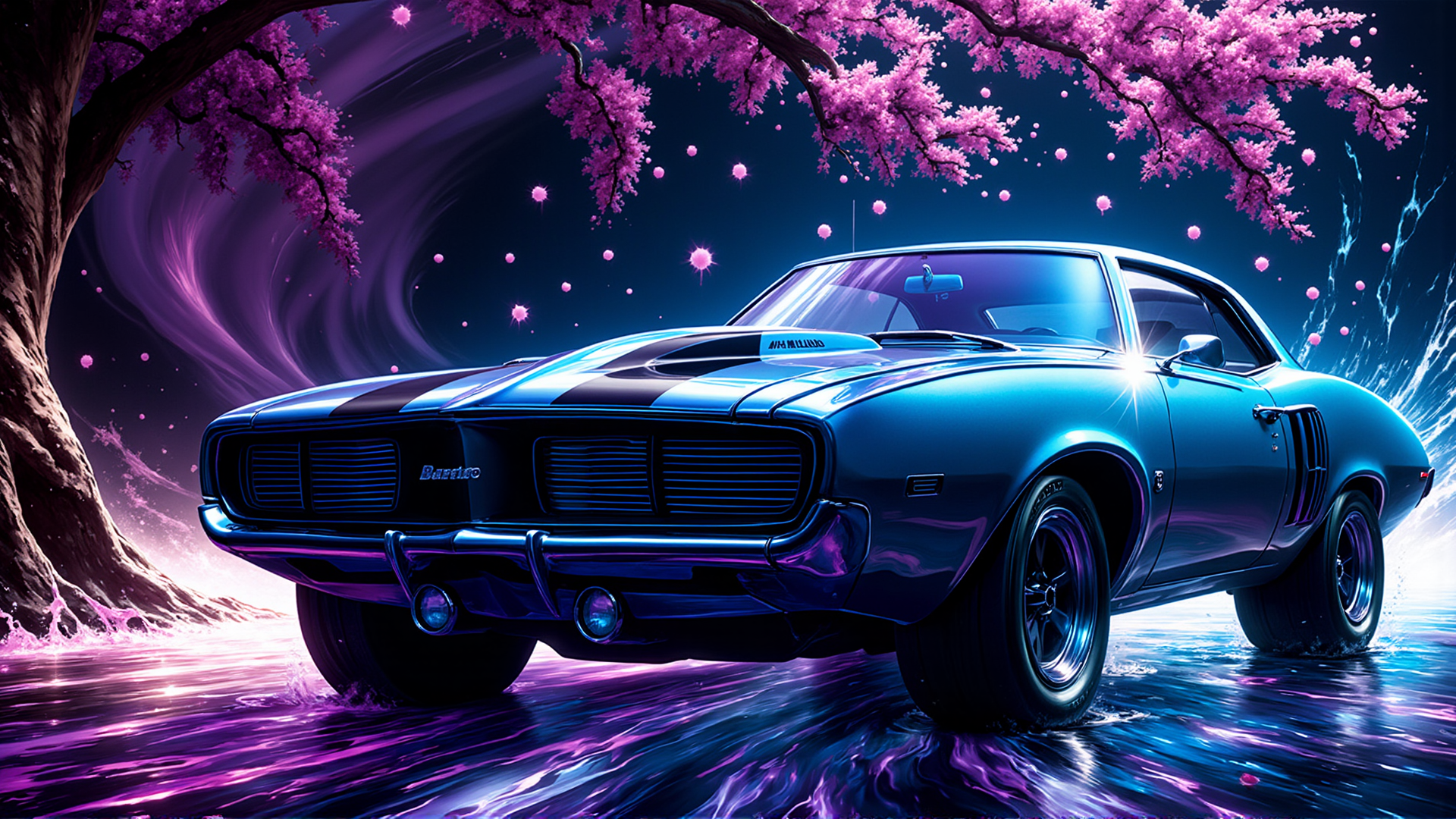 AI generated wallpaper featuring car, cherry blossom, tree, road, water