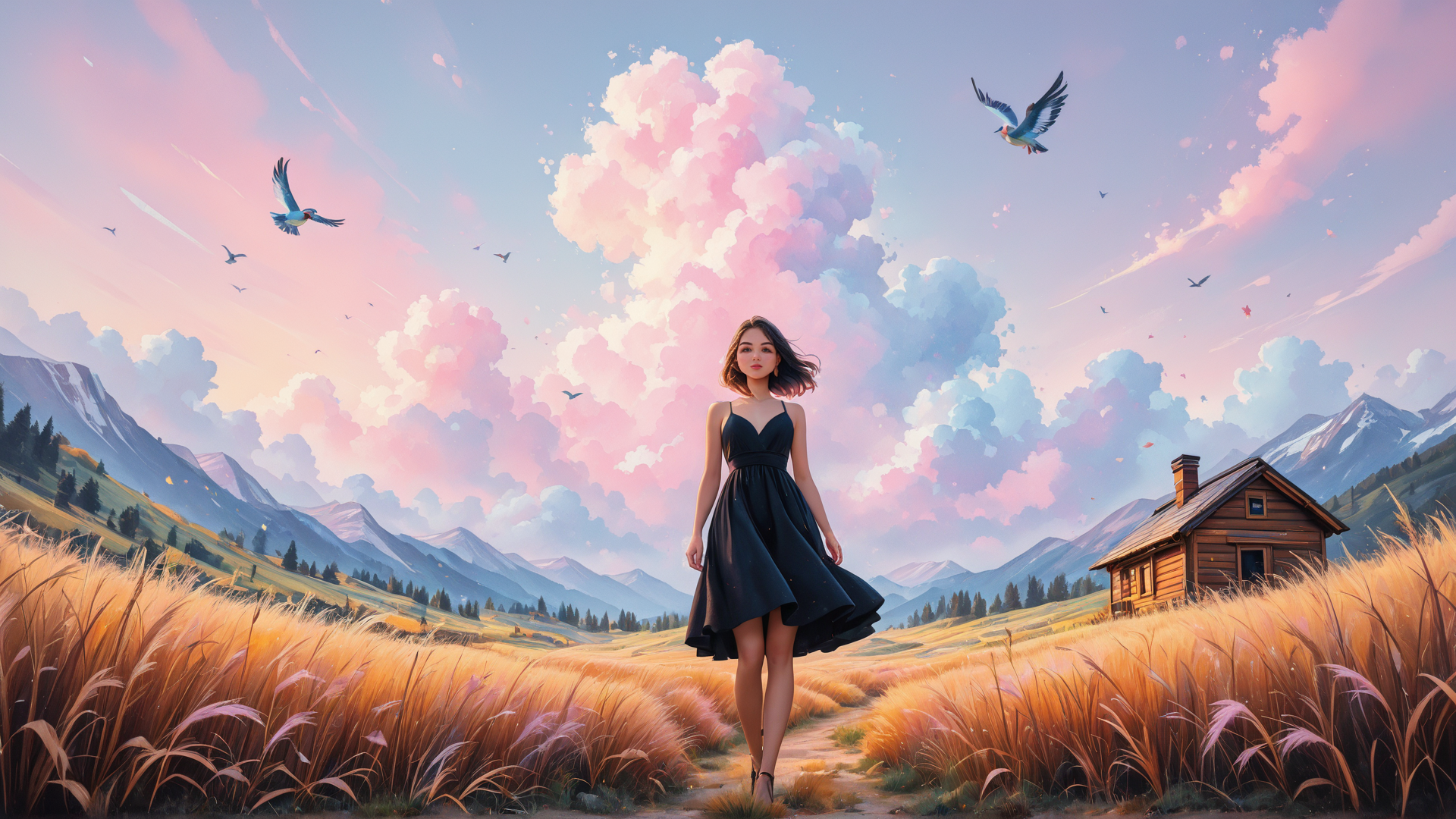 AI generated wallpaper featuring woman, cloud, house