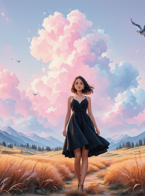 woman, cloud, house