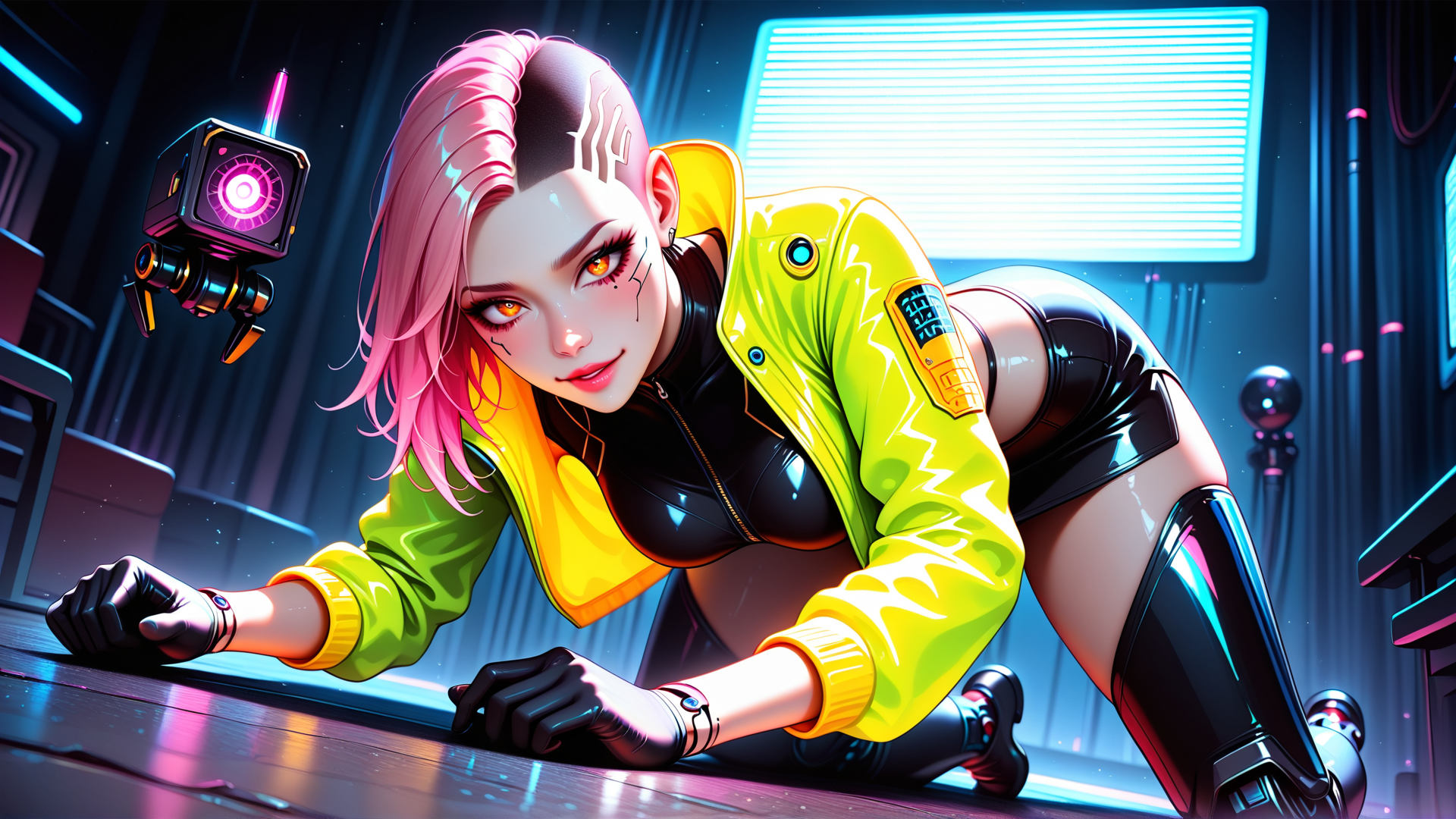 AI generated wallpaper featuring cyberpunk, woman, robot, camera, neon