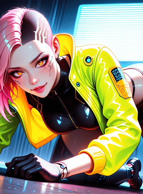 cyberpunk, woman, robot, camera, neon