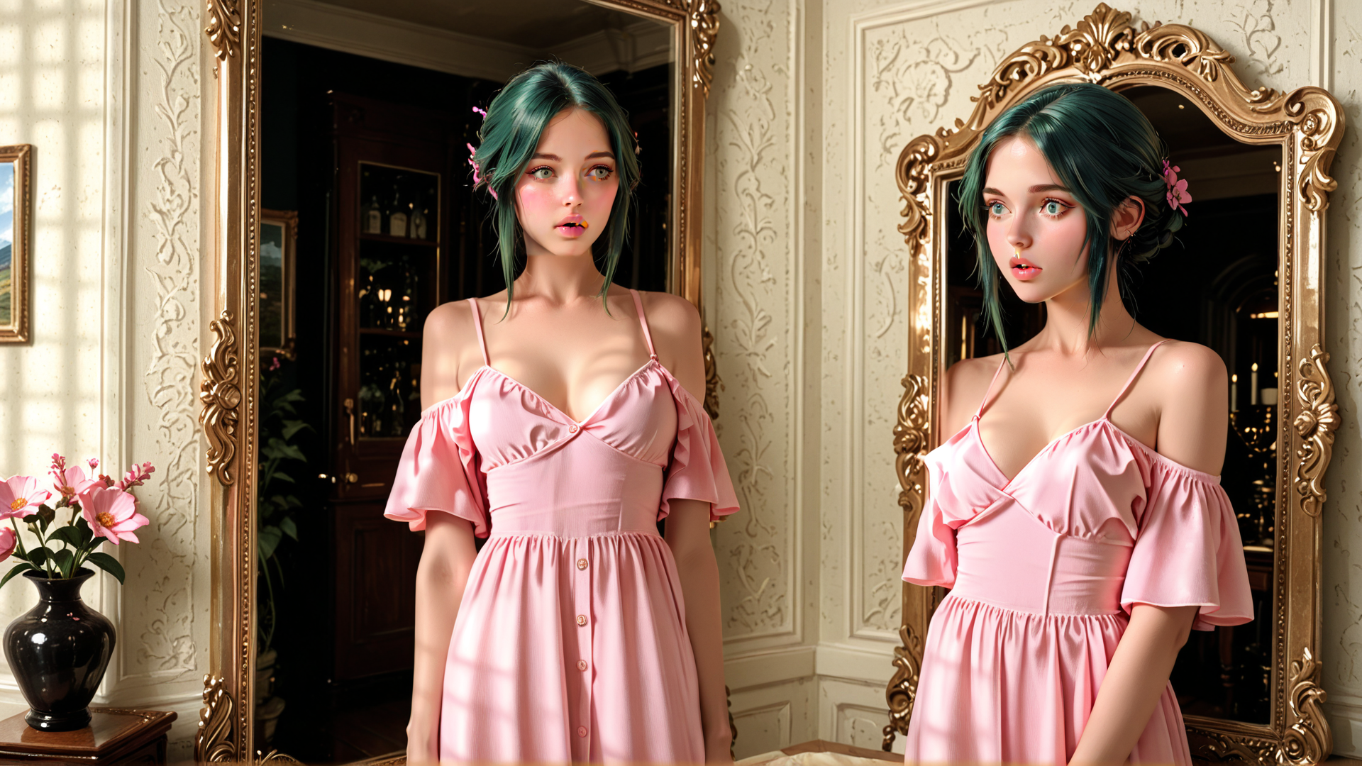 AI generated wallpaper featuring woman, mirror, dress, flowers, vase